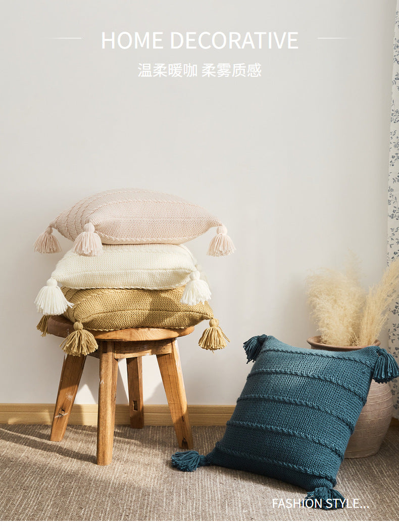 Zoholife Ins knitted Tassel Pillow Set B&B sofa Cushion Backrest Lumbar Pillow Bay window Bed Cushion 17"x 17"