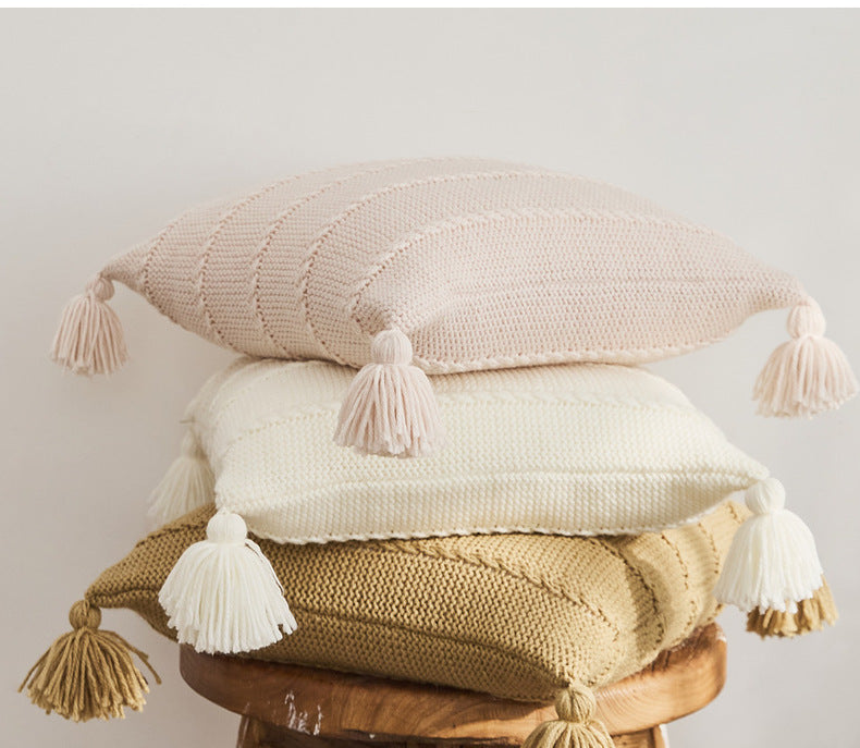 Zoholife Ins knitted Tassel Pillow Set B&B sofa Cushion Backrest Lumbar Pillow Bay window Bed Cushion 17"x 17"