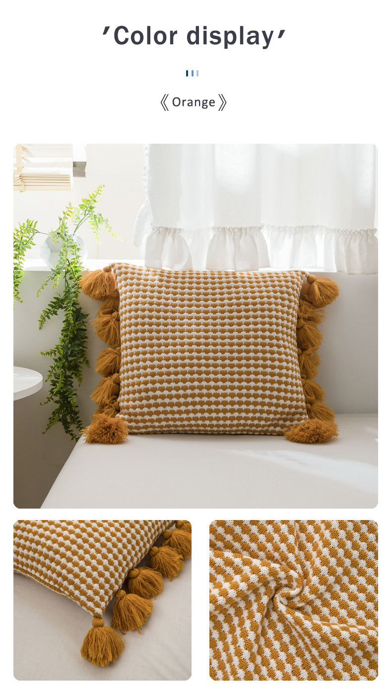 European style light luxury tassel knitted pillow lumbar sofa living room office pillowcase cushion