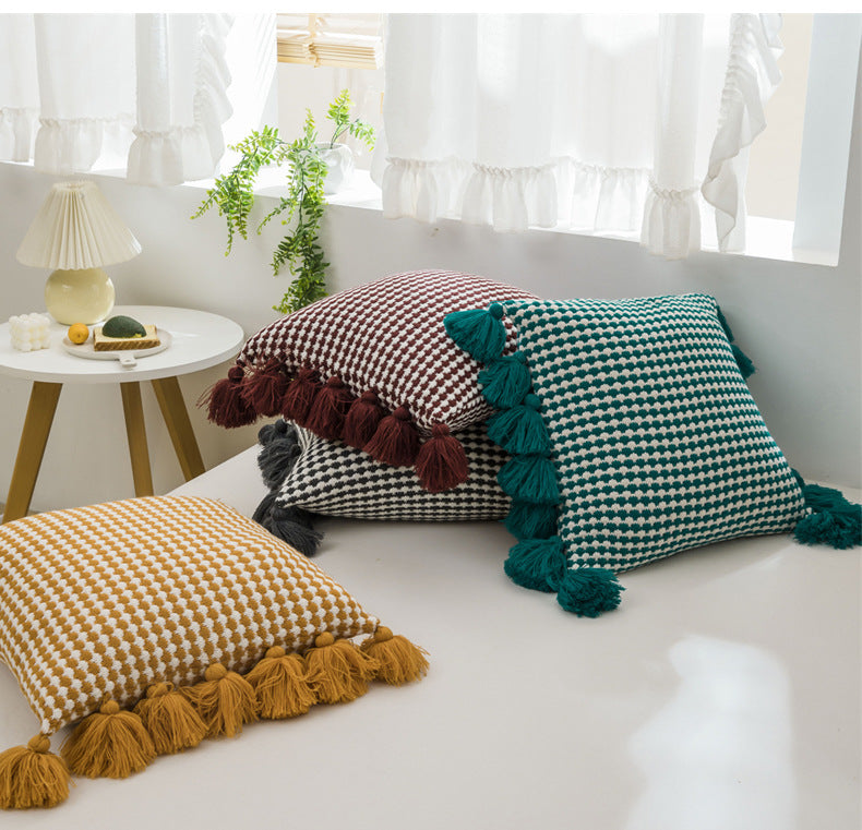 European style light luxury tassel knitted pillow lumbar sofa living room office pillowcase cushion