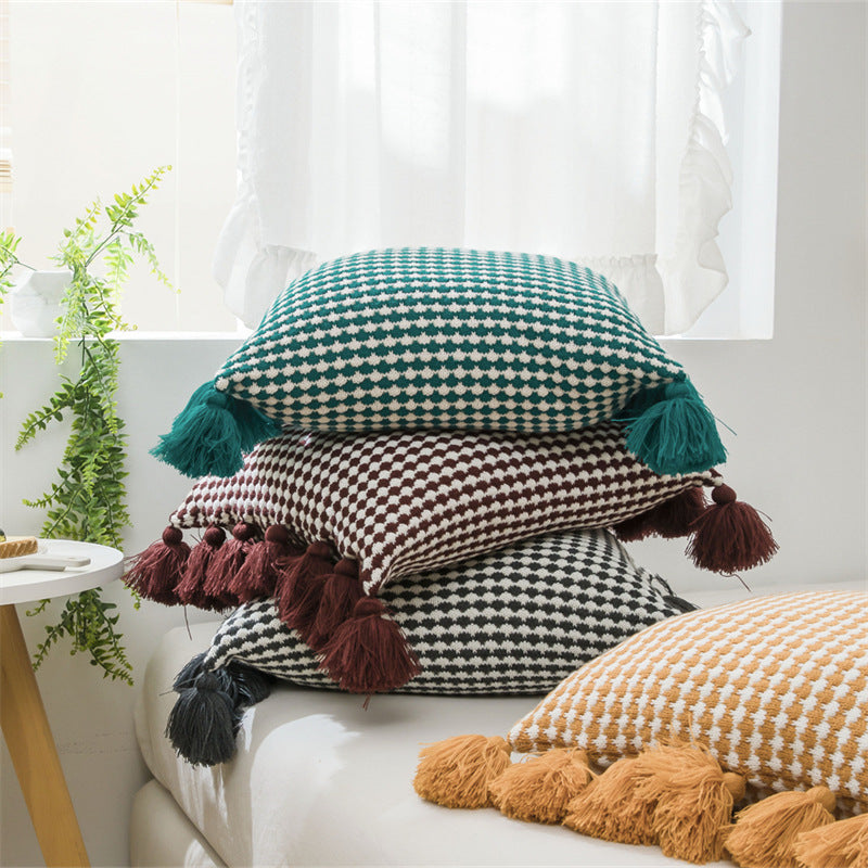 European style light luxury tassel knitted pillow lumbar sofa living room office pillowcase cushion
