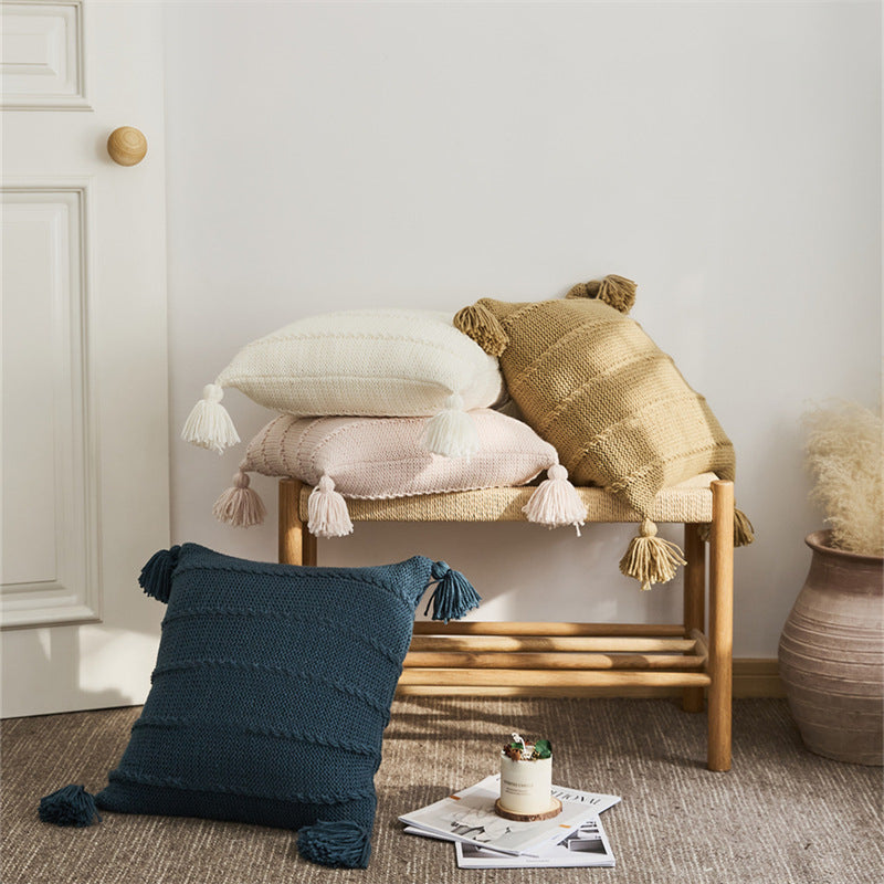 Zoholife Ins knitted Tassel Pillow Set B&B sofa Cushion Backrest Lumbar Pillow Bay window Bed Cushion 17"x 17"