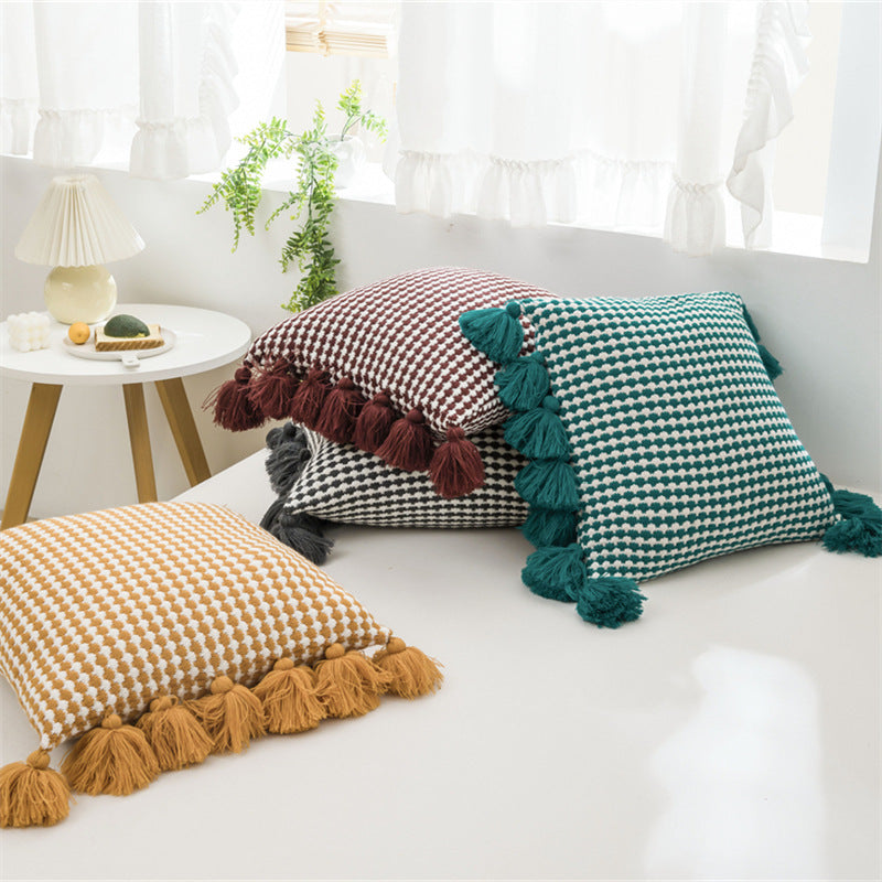 European style light luxury tassel knitted pillow lumbar sofa living room office pillowcase cushion