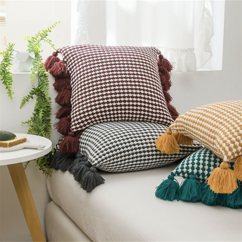 European style light luxury tassel knitted pillow lumbar sofa living room office pillowcase cushion