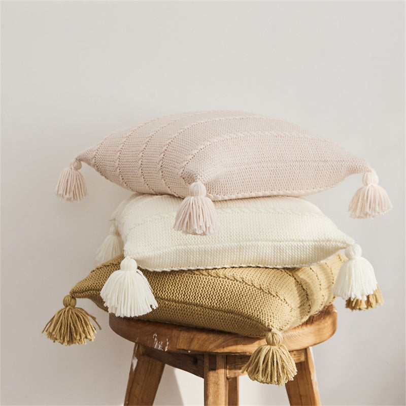 Zoholife Ins knitted Tassel Pillow Set B&B sofa Cushion Backrest Lumbar Pillow Bay window Bed Cushion 17"x 17"