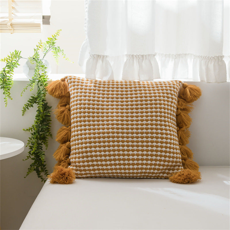 European style light luxury tassel knitted pillow lumbar sofa living room office pillowcase cushion