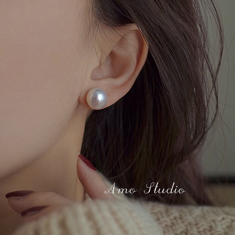 High-quality 6A strong light Zhuji natural freshwater flat round pearl sterling silver earrings 5-11mm simple earrings