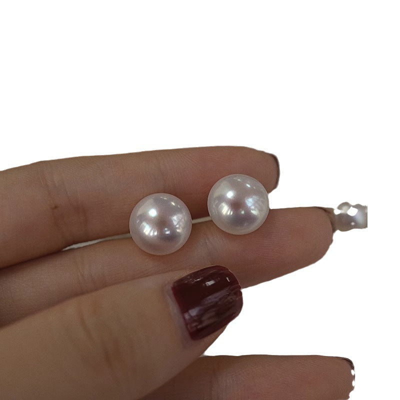 High-quality 6A strong light Zhuji natural freshwater flat round pearl sterling silver earrings 5-11mm simple earrings