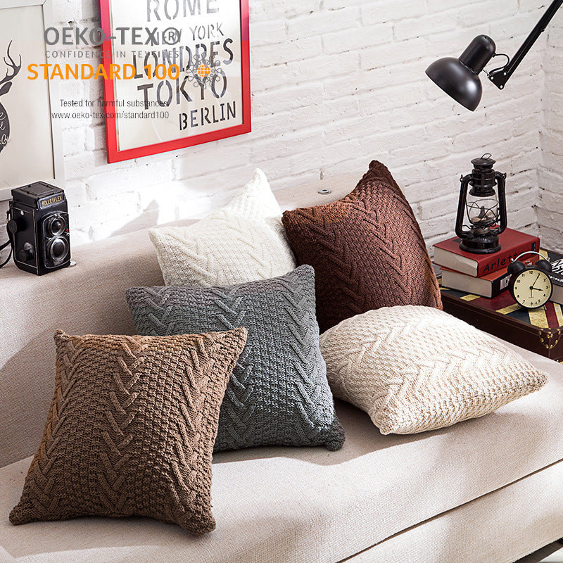 Zoholife V-pattern Decorative Cotton Knitted Pillow Case Cushion Cover Double-Cable Sweater Throw Pillow Covers for Bed Couch 18" X 18"