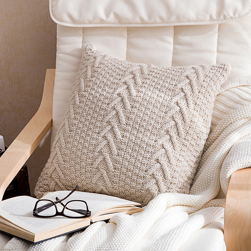 Zoholife V-pattern Decorative Cotton Knitted Pillow Case Cushion Cover Double-Cable Sweater Throw Pillow Covers for Bed Couch 18" X 18"