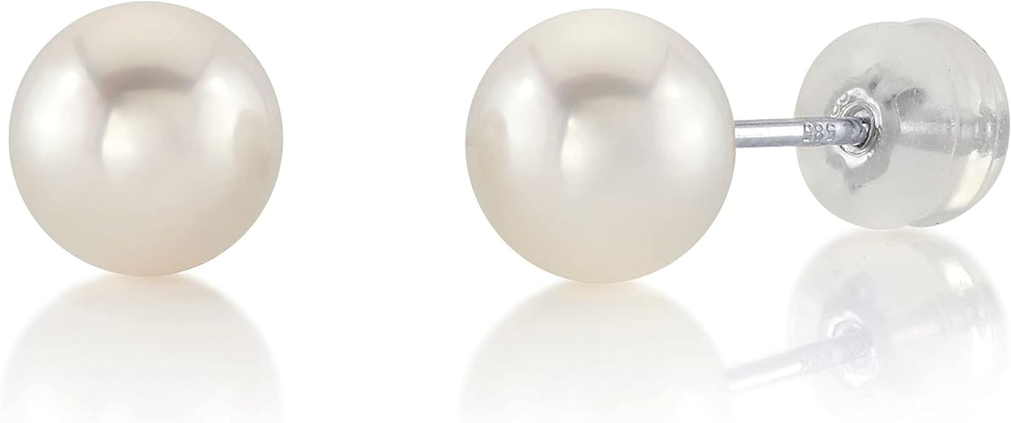 Round White Freshwater Real Pearl Earrings for Women - Silver Stud Earrings | Hypoallergenic Earrings with Genuine Cultured Pearls