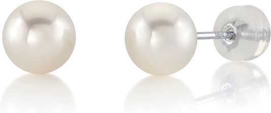 Round White Freshwater Real Pearl Earrings for Women - Silver Stud Earrings | Hypoallergenic Earrings with Genuine Cultured Pearls