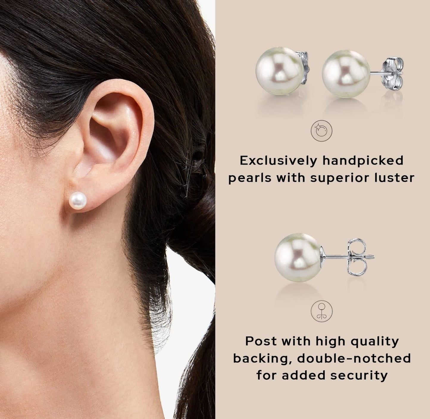 Round White Freshwater Real Pearl Earrings for Women - Silver Stud Earrings | Hypoallergenic Earrings with Genuine Cultured Pearls