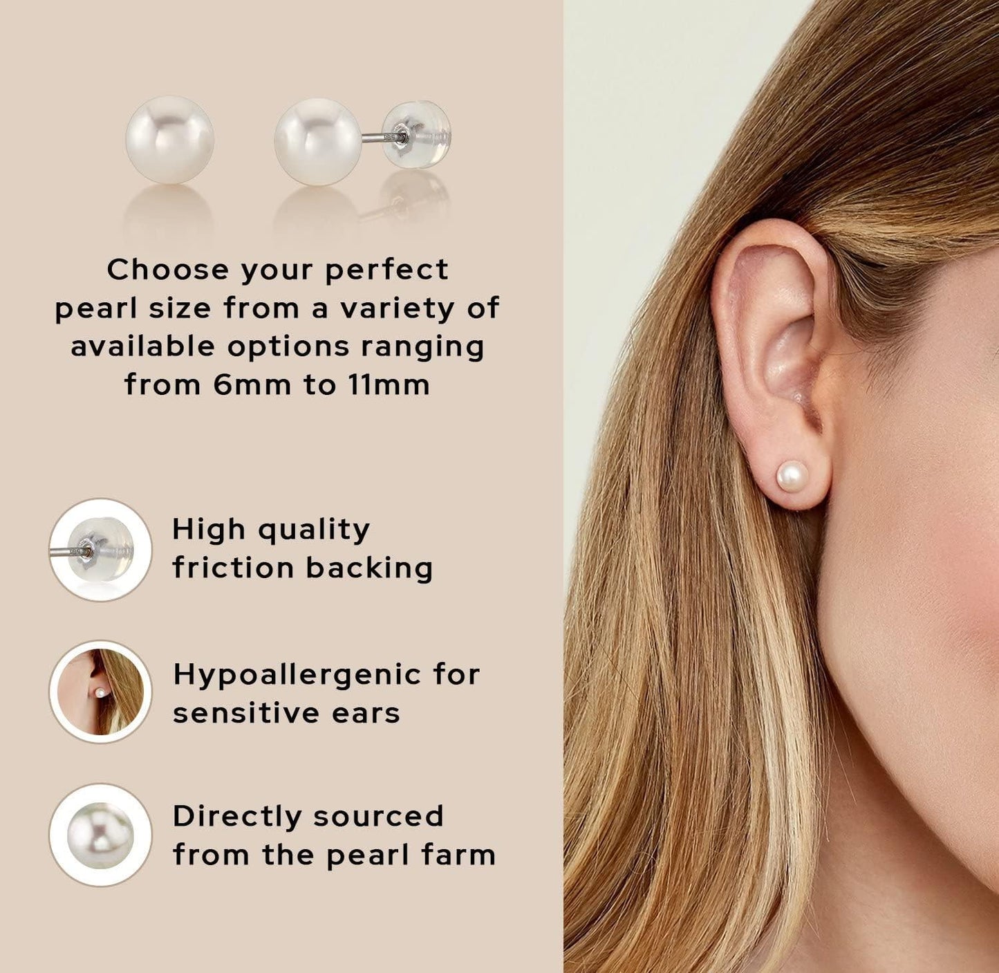 Round White Freshwater Real Pearl Earrings for Women - Silver Stud Earrings | Hypoallergenic Earrings with Genuine Cultured Pearls