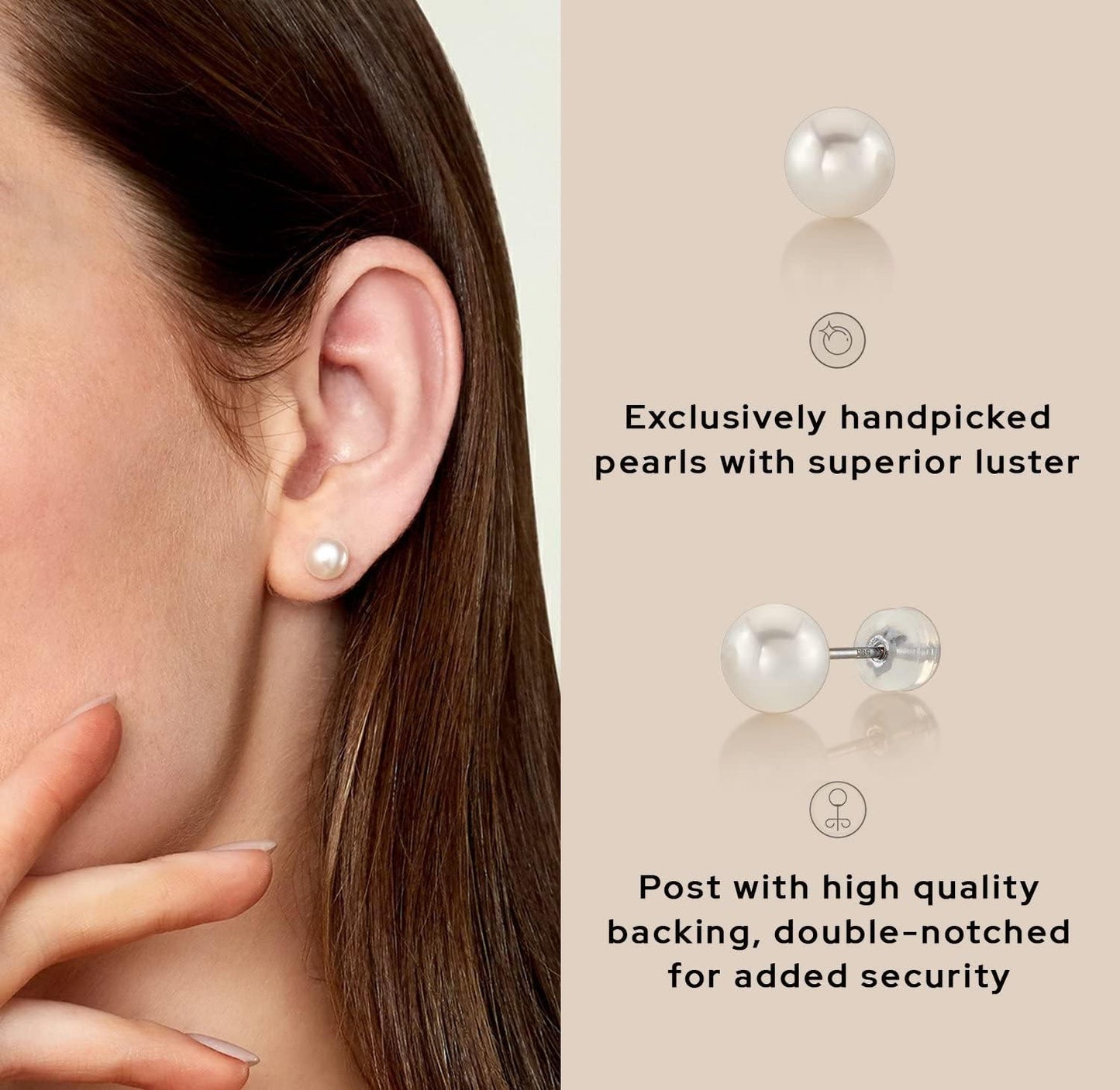 Round White Freshwater Real Pearl Earrings for Women - Silver Stud Earrings | Hypoallergenic Earrings with Genuine Cultured Pearls