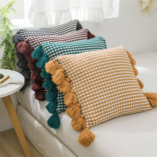 European style light luxury tassel knitted pillow lumbar sofa living room office pillowcase cushion