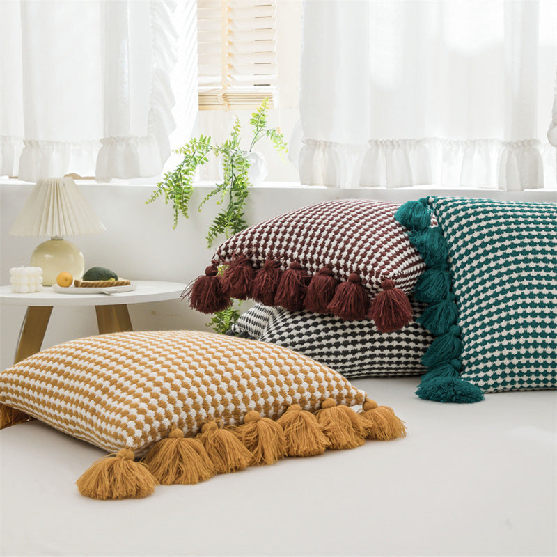 European style light luxury tassel knitted pillow lumbar sofa living room office pillowcase cushion